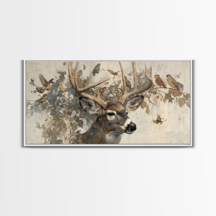 Deer with Antlers Full of Birds Canvas Print, Whimsical Art, Living Room Decor, Fine Art, Wonder, Gallery Decor, Neutral Decor, WHI-2x1-63