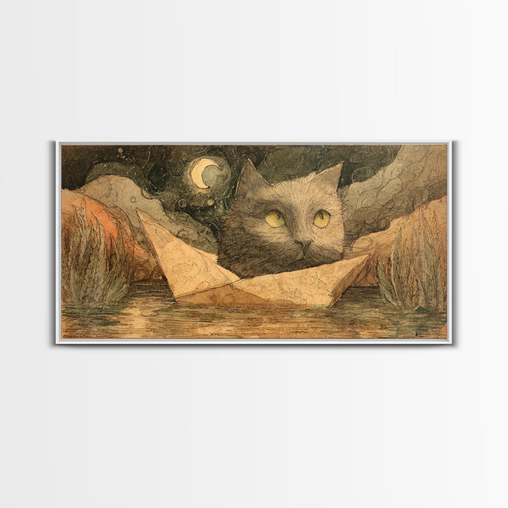 Cat Sailing a Paper Boat Canvas Print, Whimsical Art, Oil Painting, Living Room Decor, Fine Art, Wonder, Dark Academia Decor, WHI-2x1-70