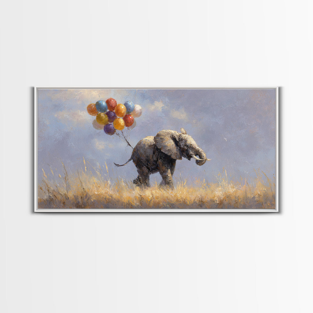 Elephant Holding Balloons Canvas Print, Whimsical Art, Bird Art, Living Room Decor, Abstract Art, Wonder, Textured Painting, WHI-2x1-71