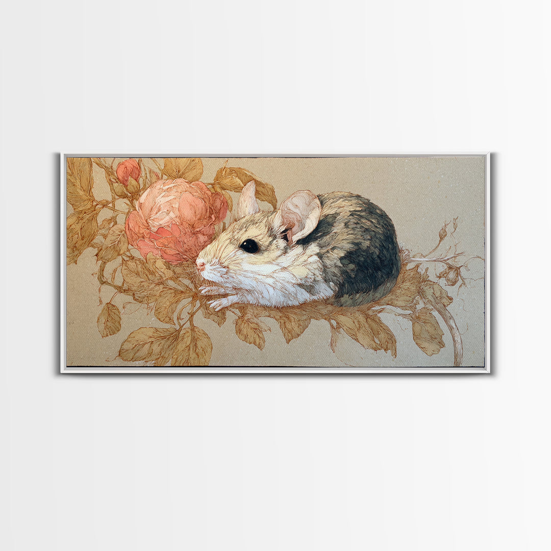 Mouse Ballerina in a Rose Garden Framed Canvas Print, Whimsical Art, Cat Art, Living Room Decor, Watercolor Art, Wonder, WHI-2x1-79