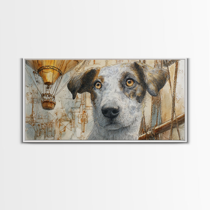 Dog in a Hot Air Balloon Canvas Print, Whimsical Art, Digital Art, Living Room Decor, Wonder, Nursery, Abstract Wall Art, WHI-2x1-82