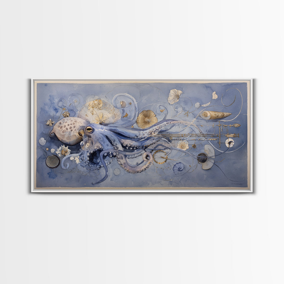 Octopus Conductor with Tiny Instruments Framed Canvas Print, Whimsical Art, Pet Portrait, Living Room Decor, Fine Art, Wonder, WHI-2x1-86