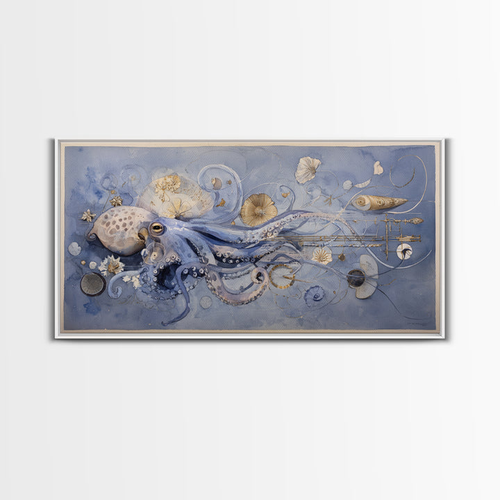 Octopus Conductor with Tiny Instruments Framed Canvas Print, Whimsical Art, Pet Portrait, Living Room Decor, Fine Art, Wonder, WHI-2x1-86