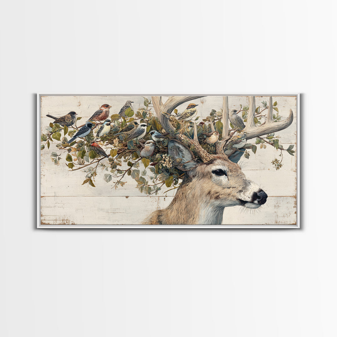Deer with Antlers Full of Birds Framed Canvas Print, Whimsical Art, Nursery Wall Decor, Living Room Decor, Fine Art, Wonder, WHI-2x1-87
