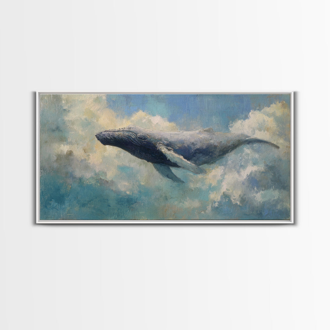 Whale Flying Through Clouds Like Ocean Framed Canvas Print, Whimsical Art, Art Print, Living Room Decor, Fine Art, Wonder, WHI-2x1-9