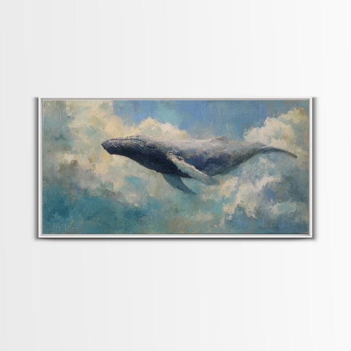 Whale Flying Through Clouds Like Ocean Framed Canvas Print, Whimsical Art, Art Print, Living Room Decor, Fine Art, Wonder, WHI-2x1-9
