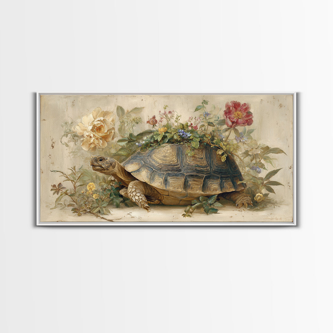 Turtle with Garden Growing on Shell Framed Canvas Print, Whimsical Art, Printable Wall Art, Living Room Decor, Fine Art, Wonder, WHI-2x1-90