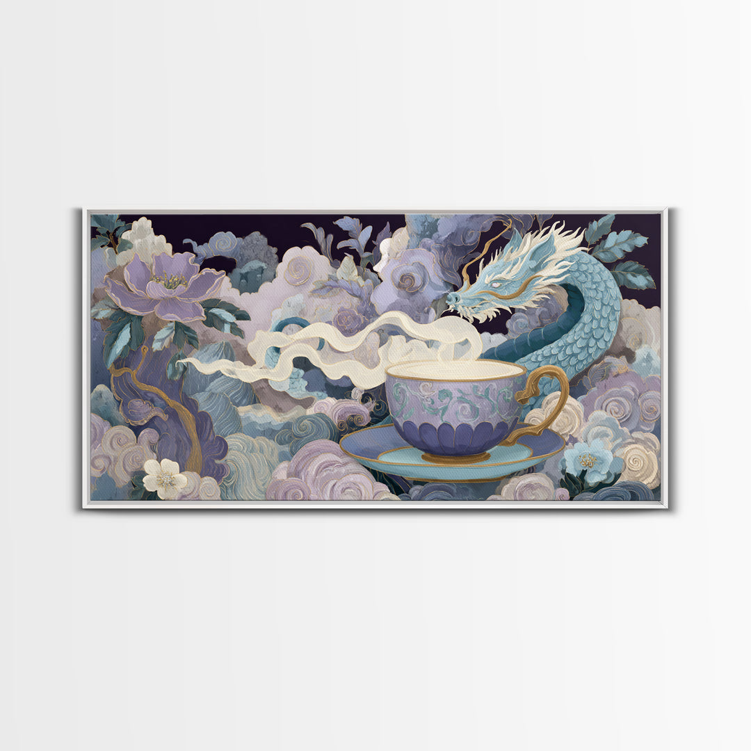 Dragon Curled Around a Teacup Framed Canvas Print, Whimsical Art, Whimsical, Living Room Decor, Oil Painting, Wonder, WHI-2x1-92