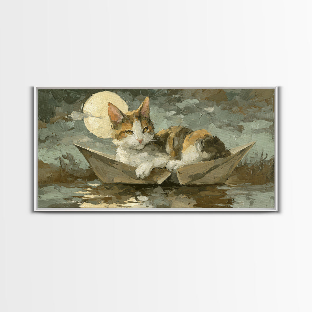 Cat Sailing a Paper Boat Canvas Print, Whimsical Art, Oil Painting, Living Room Decor, Fine Art, Wonder, Dark Academia Decor, WHI-2x1-94