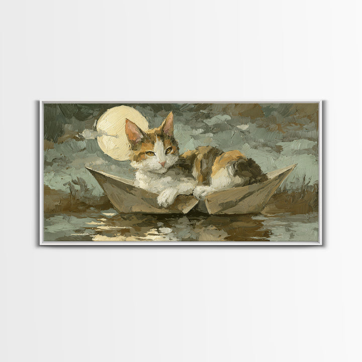Cat Sailing a Paper Boat Canvas Print, Whimsical Art, Oil Painting, Living Room Decor, Fine Art, Wonder, Dark Academia Decor, WHI-2x1-94