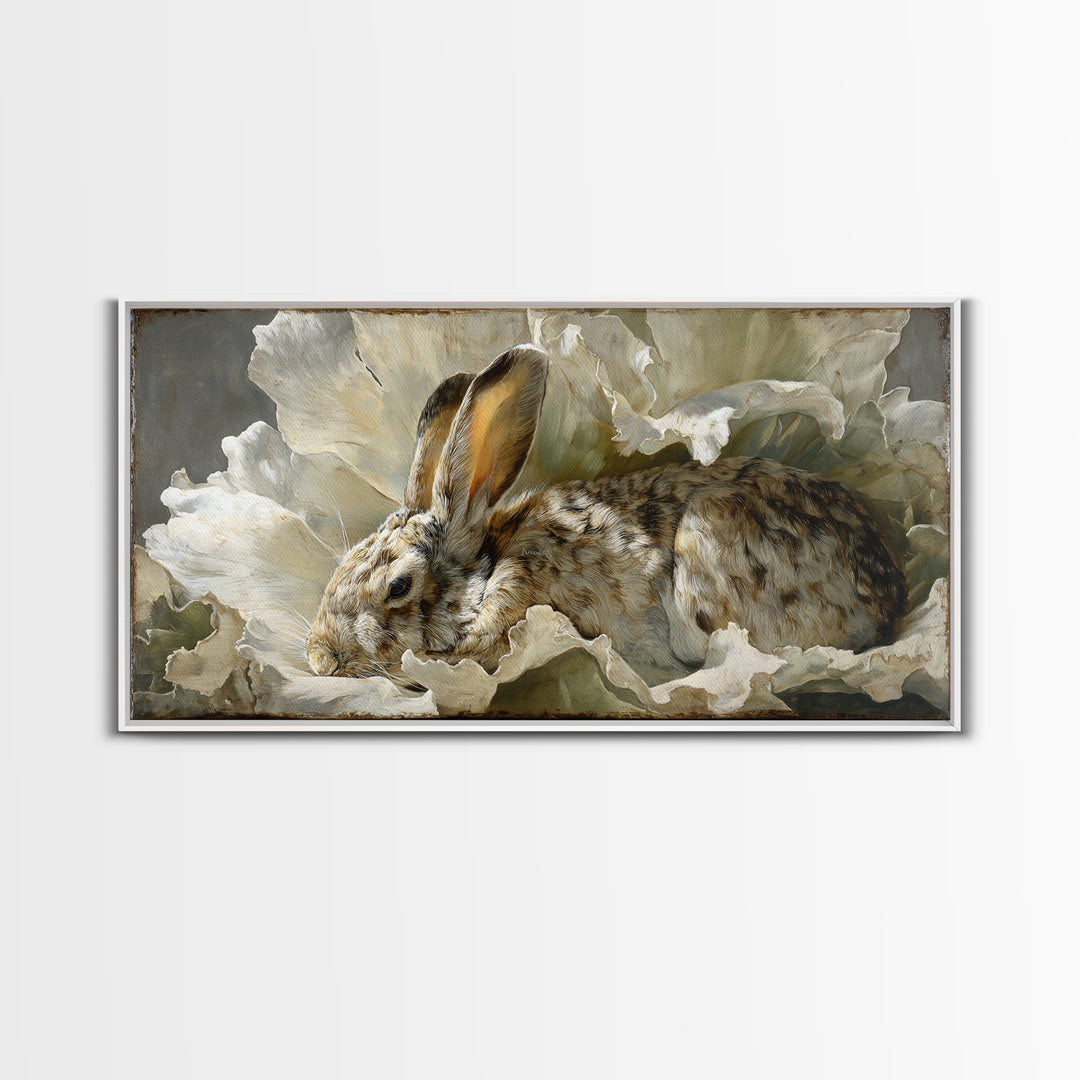 Rabbit Reading Beneath a Giant Flower Framed Canvas Print, Whimsical Art, Abstract Wall Art, Living Room Decor, Watercolor Art, WHI-2x1-97