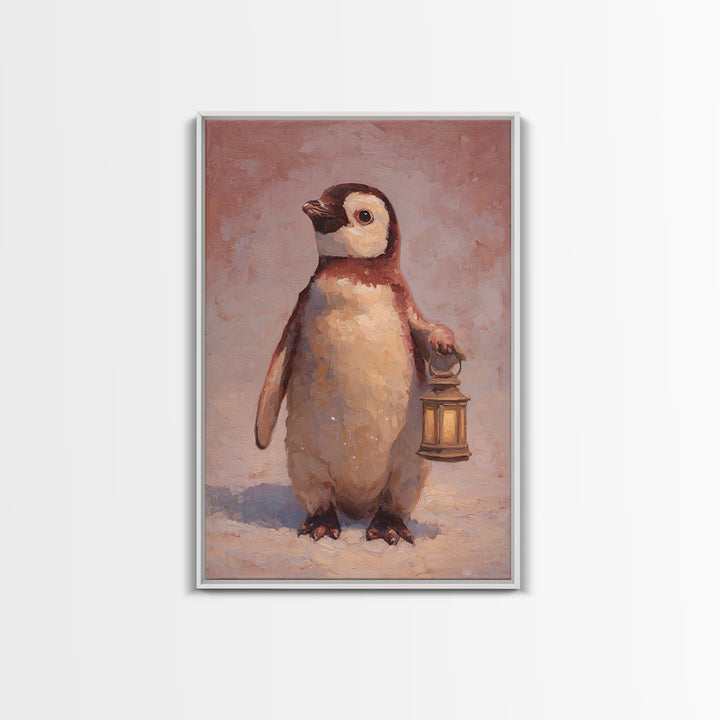 Penguin Holding a Lantern Framed Canvas Print, Whimsical Art, Oil Painting, Living Room Decor, Wonder, Dark Academia Decor, WHI-2x3-1