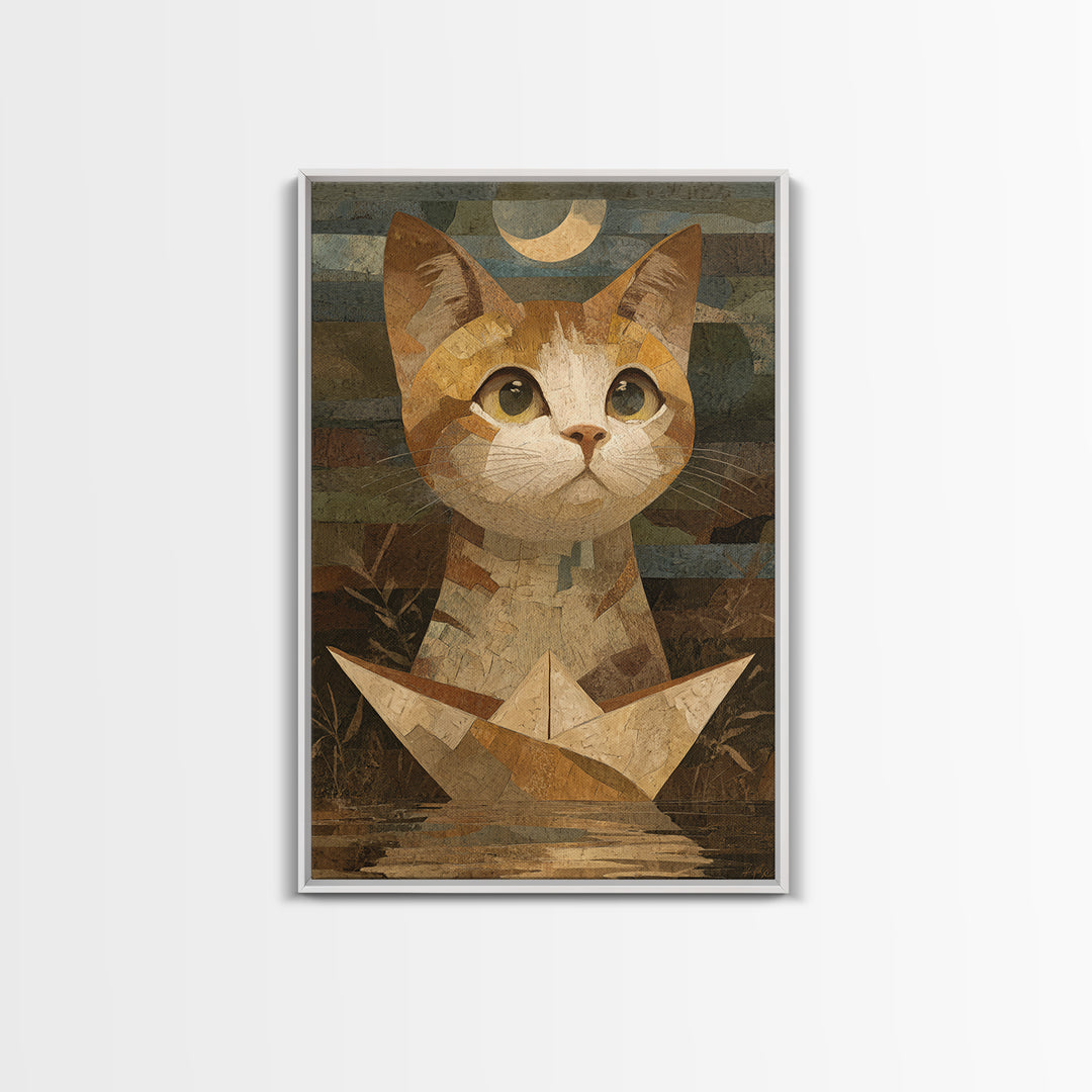 Cat Sailing a Paper Boat Canvas Print, Whimsical Art, Contemporary Art, Living Room Decor, Fine Art, Wonder, Art Nouveau, WHI-2x3-10