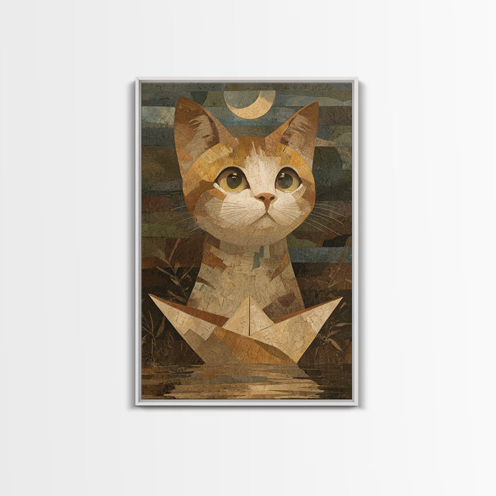 Cat Sailing a Paper Boat Canvas Print, Whimsical Art, Contemporary Art, Living Room Decor, Fine Art, Wonder, Art Nouveau, WHI-2x3-10