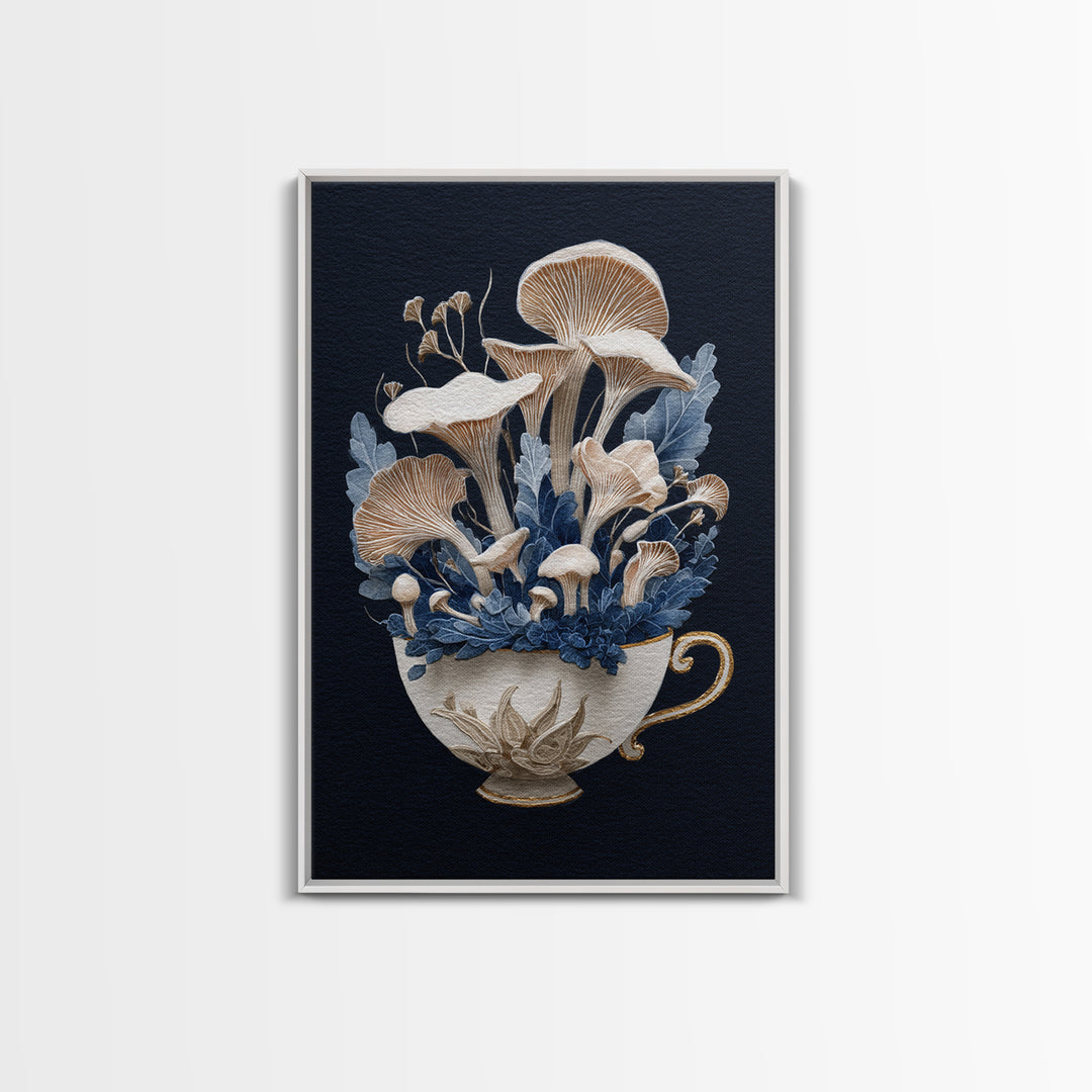 Teacup Garden with Tiny Mushrooms Framed Canvas Print, Whimsical Art, Printable Wall Art, Living Room Decor, Fine Art, Wonder, WHI-2x3-12