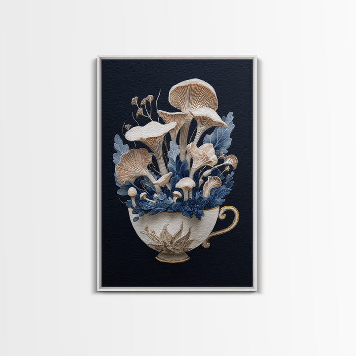 Teacup Garden with Tiny Mushrooms Framed Canvas Print, Whimsical Art, Printable Wall Art, Living Room Decor, Fine Art, Wonder, WHI-2x3-12