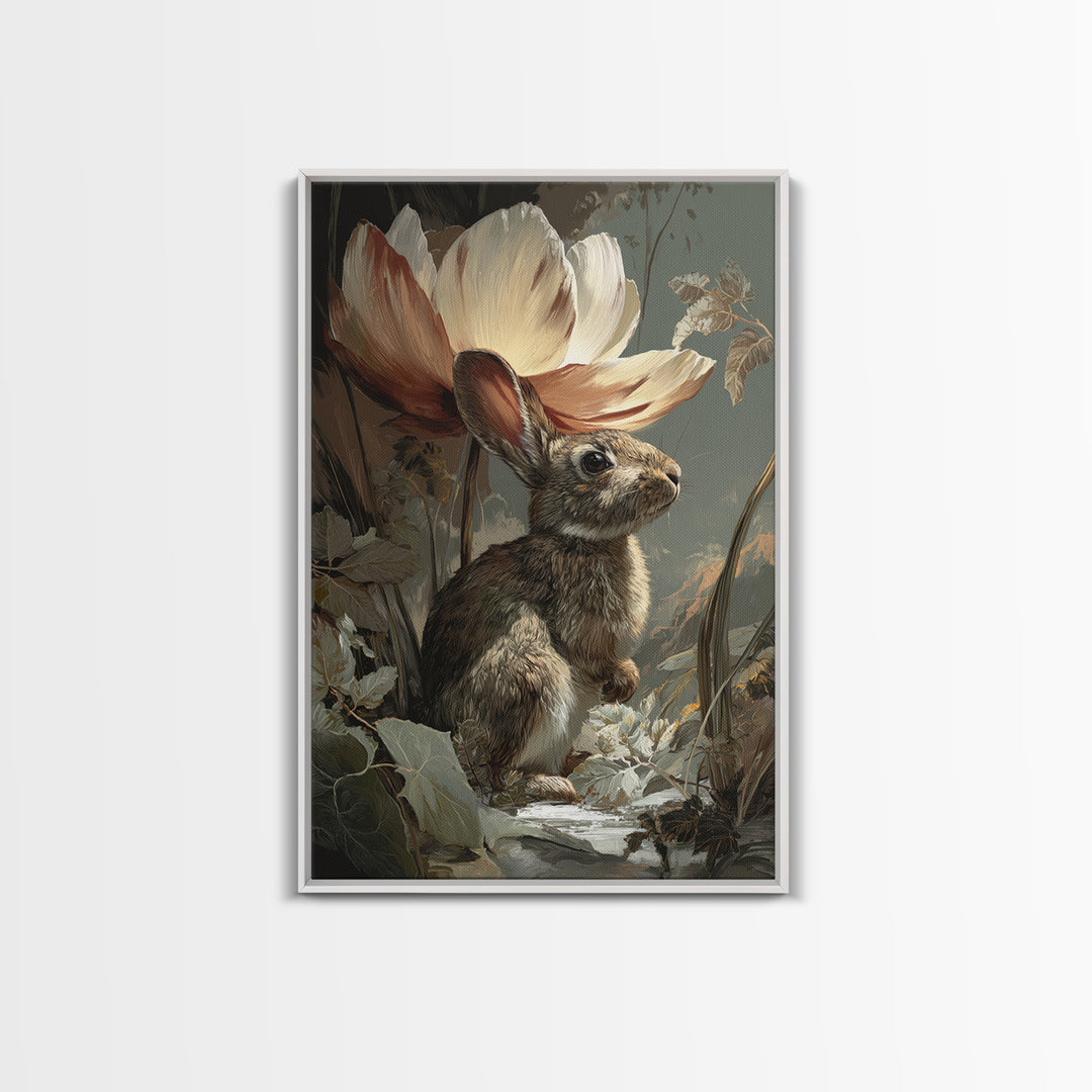 Rabbit Reading Beneath a Giant Flower Framed Canvas Print, Whimsical Art, Nursery Wall Art, Living Room Decor, Fine Art, Wonder, WHI-2x3-13