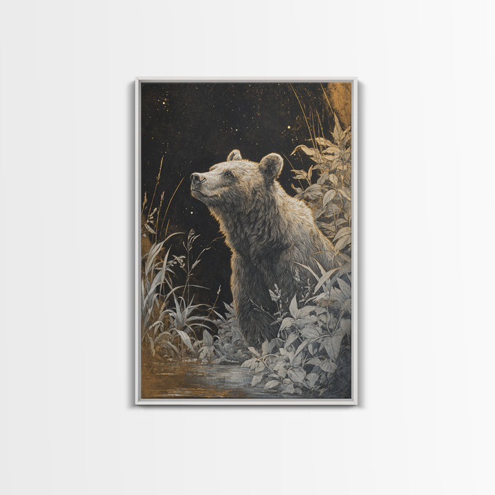 Bear Painting Stars Onto the Night Sky Framed Canvas Print, Whimsical Art, Art Nouveau, Living Room Decor, Abstract Art, Wonder, WHI-2x3-17