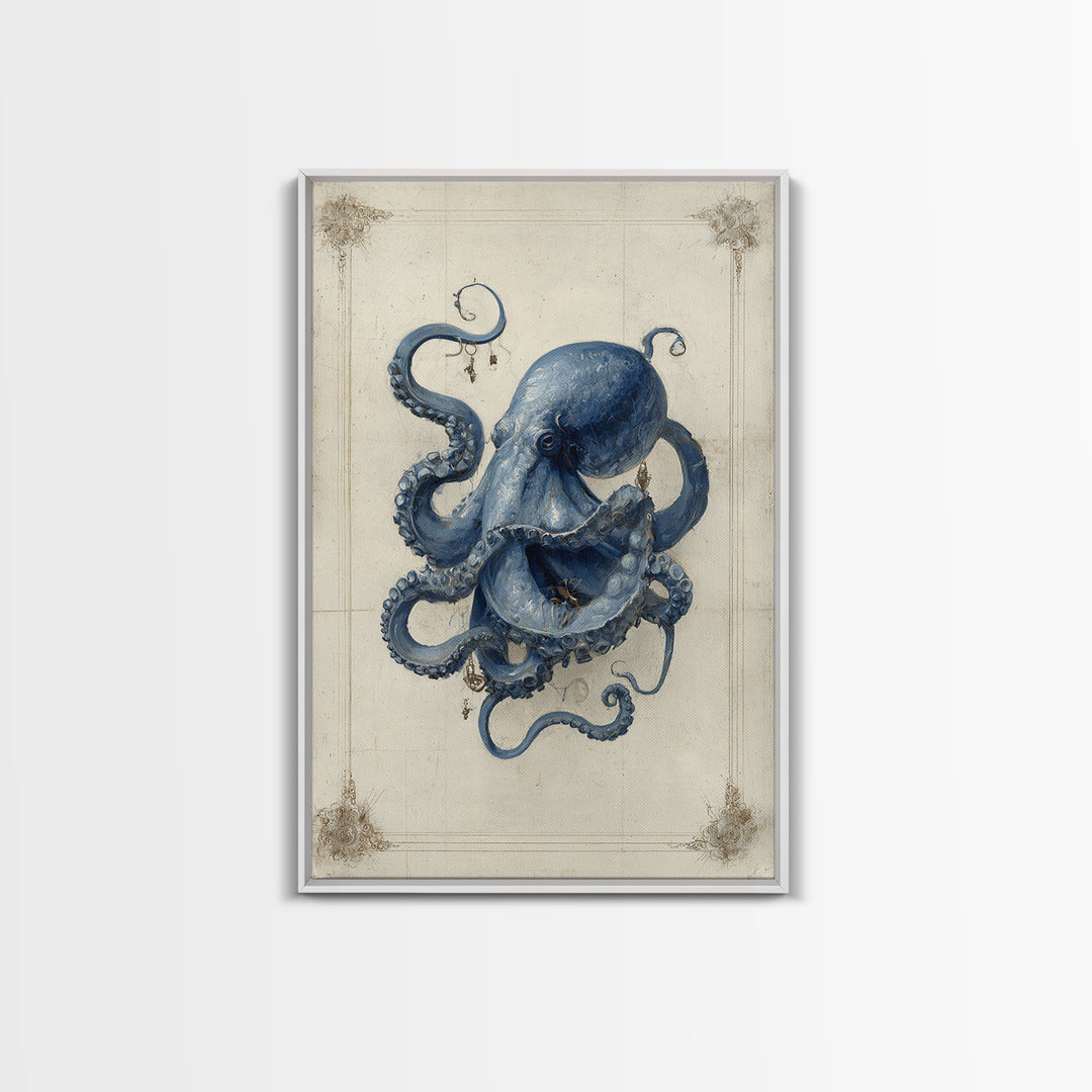 Octopus Conductor with Tiny Instruments Framed Canvas Print, Whimsical Art, Living Room Decor, Abstract Art, Wonder, WHI-2x3-2