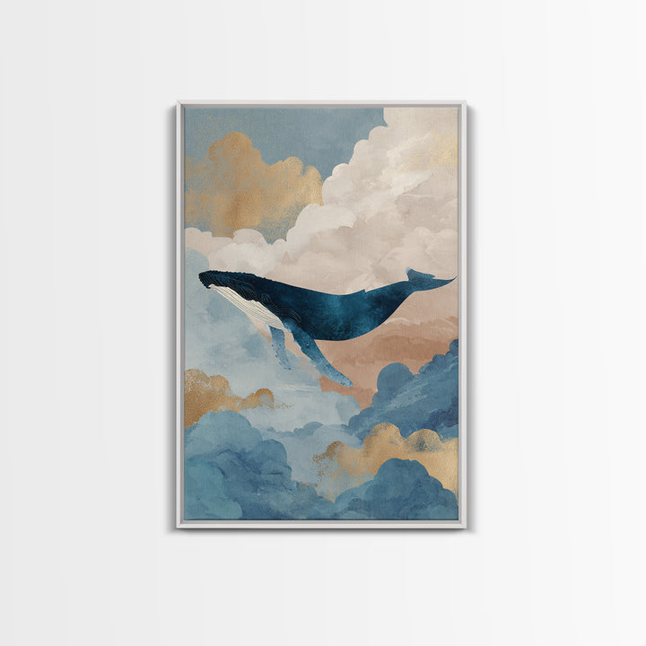 Whale Flying Through Clouds Like Ocean Framed Canvas Print, Whimsical Art, Printable Wall Art, Living Room Decor, Wonder, WHI-2x3-21