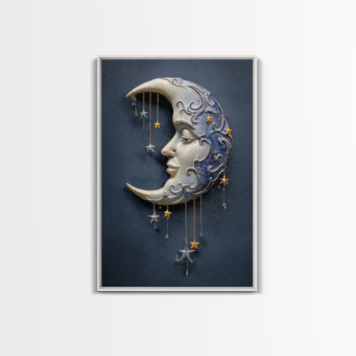 Moon with Sleeping Face and Dangling Stars Framed Canvas Print, Whimsical Art, Modern Decor, Living Room Decor, Wonder, WHI-2x3-24