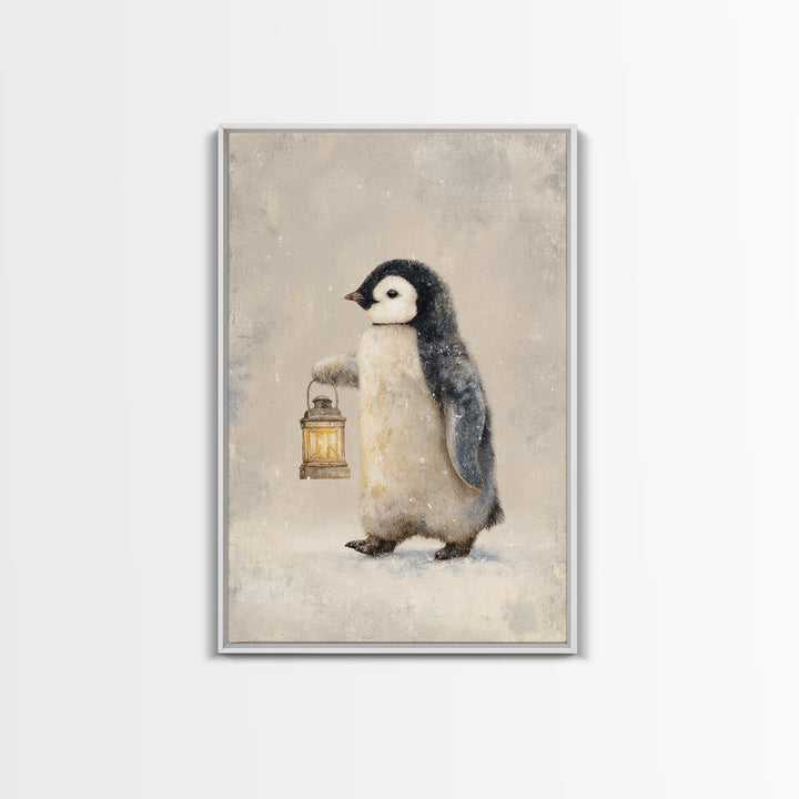Penguin Holding a Lantern Framed Canvas Print, Whimsical Art, Oil Painting, Living Room Decor, Wonder, Dark Academia Decor, WHI-2x3-25