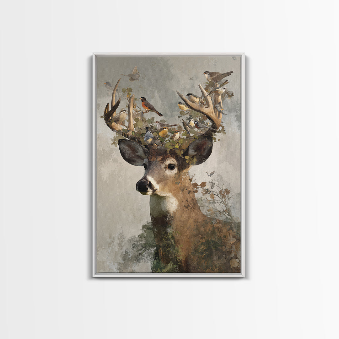 Deer with Antlers Full of Birds Framed Canvas Print, Whimsical Art, Room Decor, Living Room Decor, Wonder, Oil Painting, WHI-2x3-3