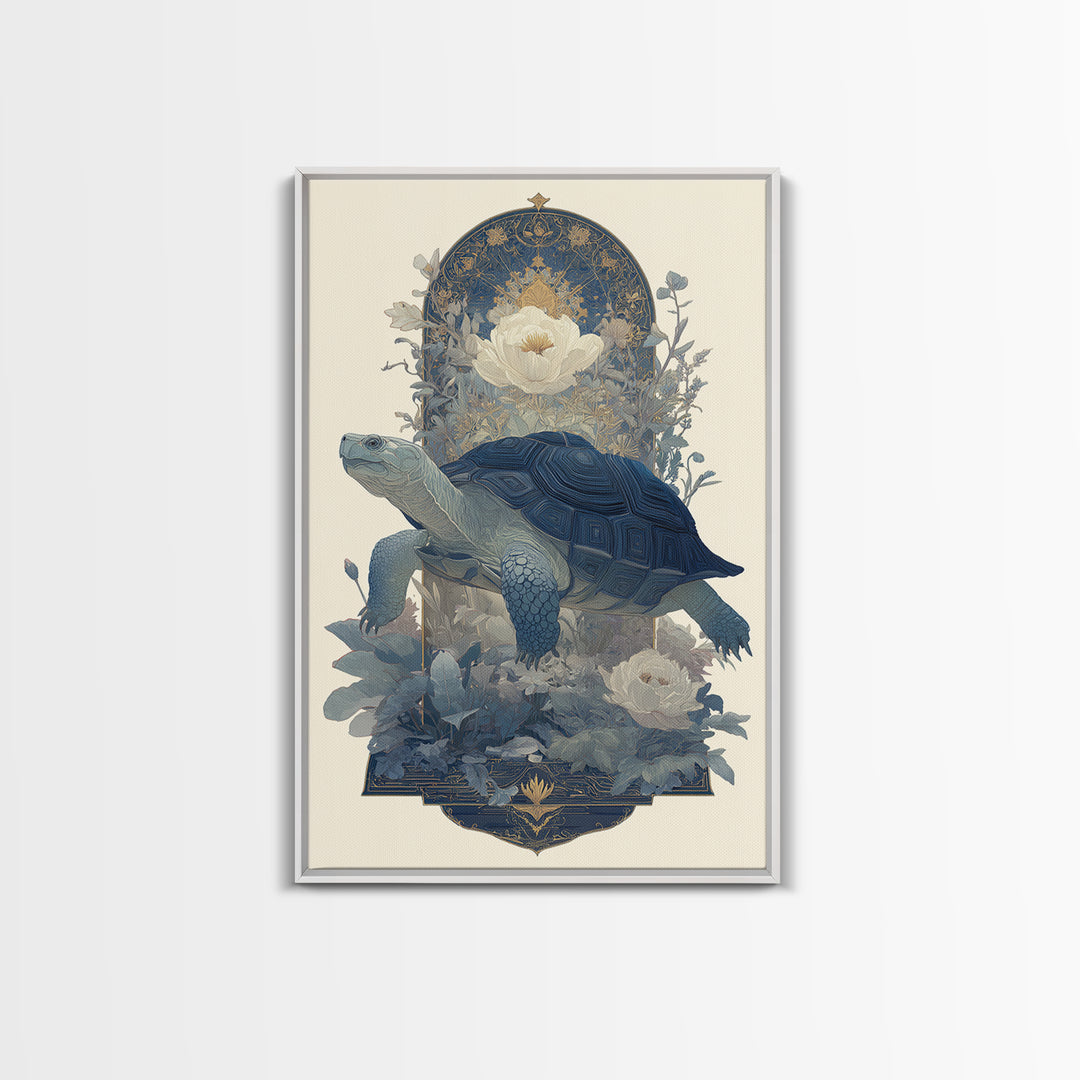 Turtle with Garden Growing on Shell Framed Canvas Print, Whimsical Art, Minimalist Decor, Living Room Decor, Oil Painting, WHI-2x3-30