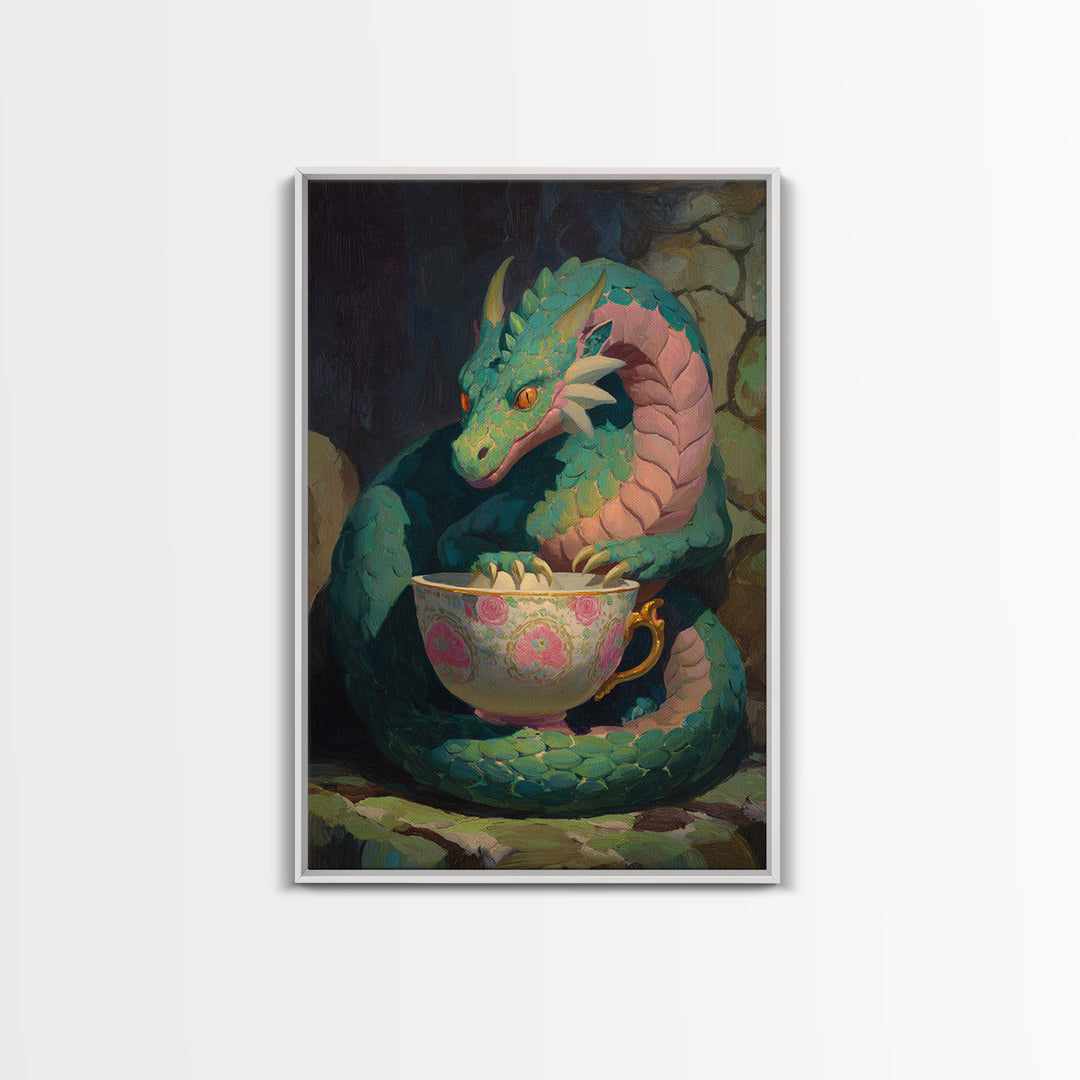 Dragon Curled Around a Teacup Canvas Print, Whimsical Art, Statement Artwork, Living Room Decor, Fine Art, Wonder, Art Print, WHI-2x3-32