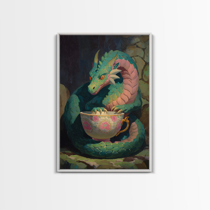 Dragon Curled Around a Teacup Canvas Print, Whimsical Art, Statement Artwork, Living Room Decor, Fine Art, Wonder, Art Print, WHI-2x3-32