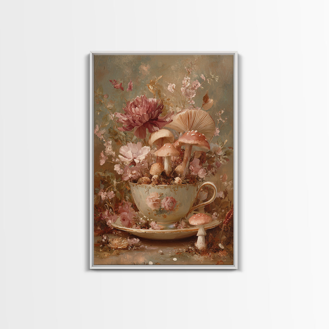 Teacup Garden with Tiny Mushrooms Framed Canvas Print, Whimsical Art, Watercolor Art, Living Room Decor, Fine Art, Wonder, WHI-2x3-36
