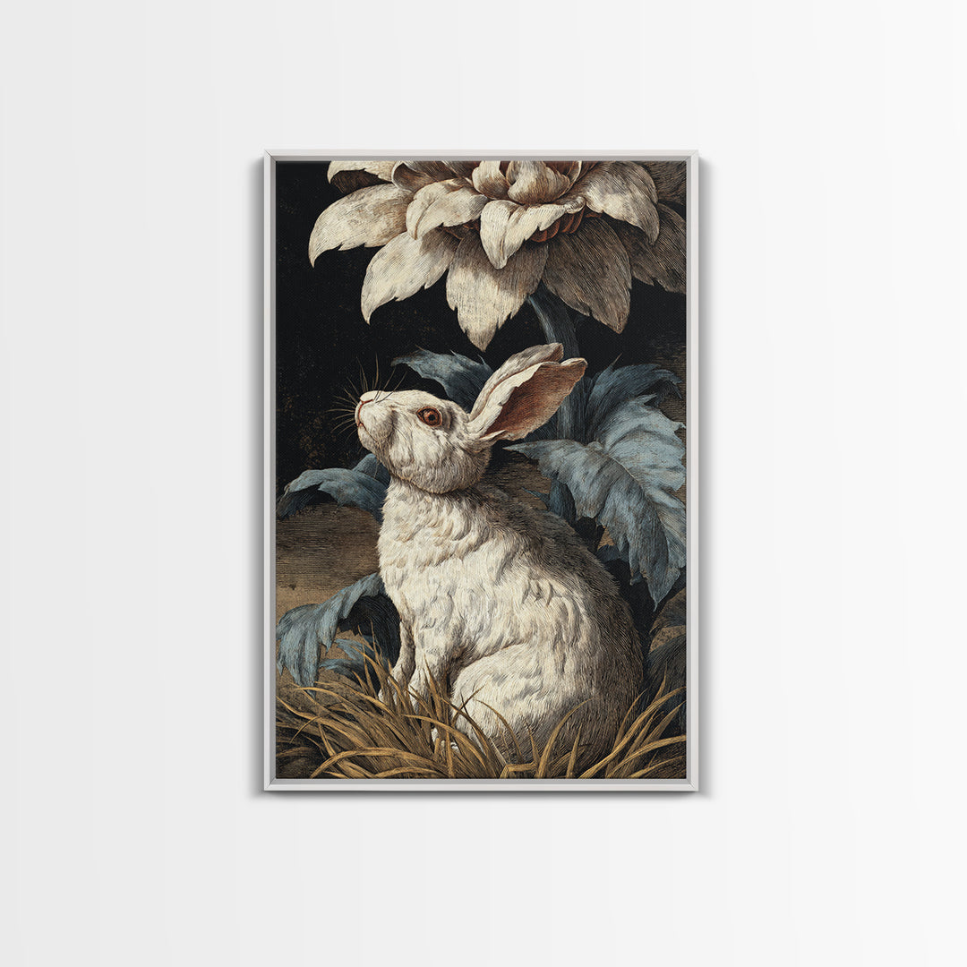 Rabbit Reading Beneath a Giant Flower Framed Canvas Print, Whimsical Art, Nursery Wall Art, Living Room Decor, Fine Art, Wonder, WHI-2x3-37