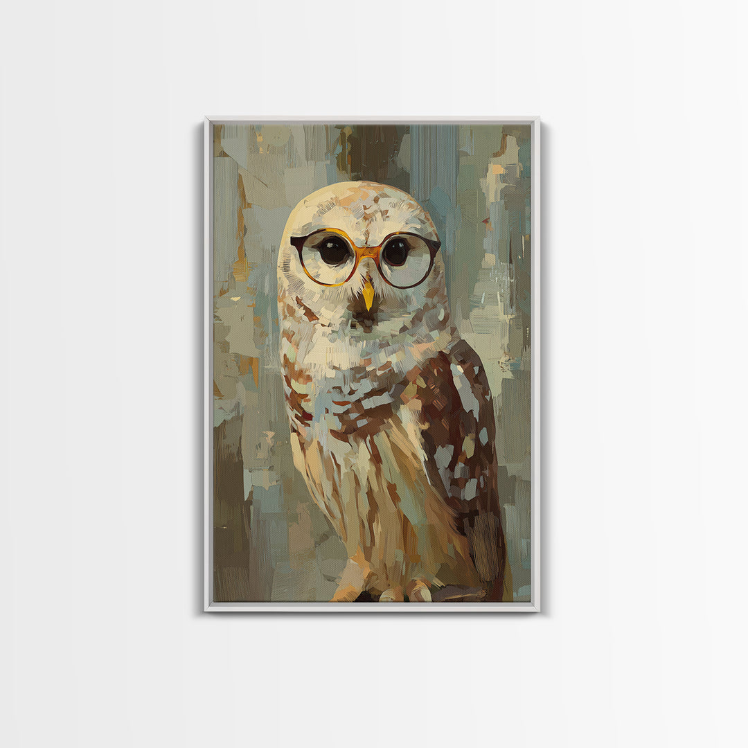 Owl Wearing Spectacles Among Stars Framed Canvas Print, Whimsical Art, Pet Portrait, Living Room Decor, Fine Art, Wonder, WHI-2x3-38