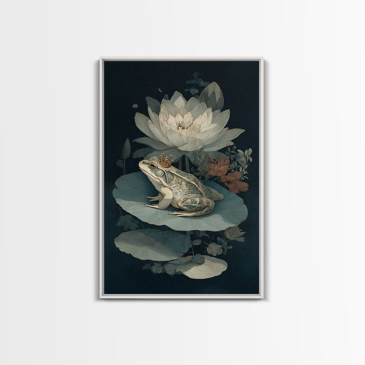 Frog Prince on a Lily Pad Canvas Print, Whimsical Art, Contemporary Art, Living Room Decor, Fine Art, Wonder, Art Nouveau, WHI-2x3-40