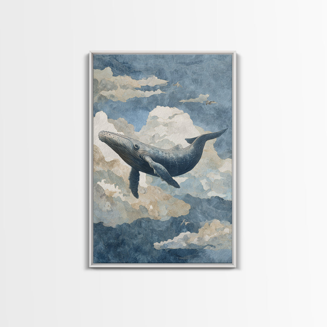 Whale Flying Through Clouds Like Ocean Canvas Print, Whimsical Art, Framed Wall Art, Living Room Decor, Oil Painting, Wonder, WHI-2x3-45