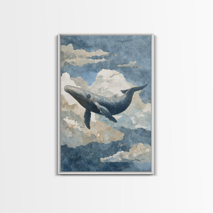Whale Flying Through Clouds Like Ocean Canvas Print, Whimsical Art, Framed Wall Art, Living Room Decor, Oil Painting, Wonder, WHI-2x3-45