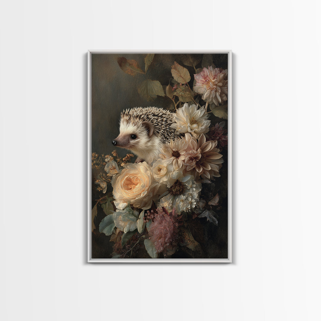 Hedgehog Carrying Wildflowers Framed Canvas Print, Whimsical Art, Art Nouveau, Living Room Decor, Wonder, Nursery Wall Decor, WHI-2x3-47