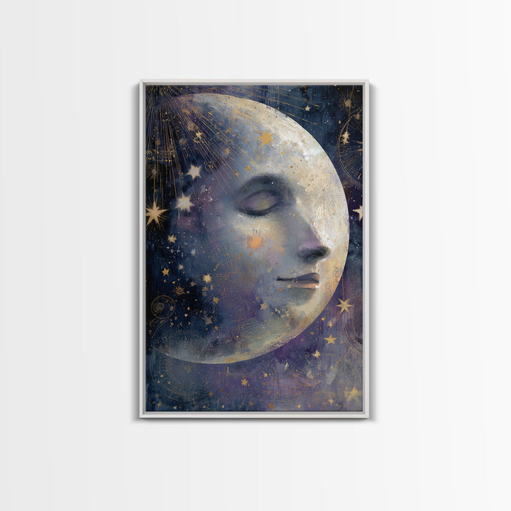 Moon with Sleeping Face and Dangling Stars Framed Canvas Print, Whimsical Art, Home Decor, Living Room Decor, Fine Art, Wonder, WHI-2x3-48