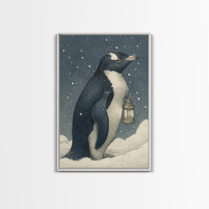 Penguin Holding a Lantern Canvas Print, Whimsical Art, Digital Print, Living Room Decor, Wonder, Bird Art, Nursery Art, WHI-2x3-49