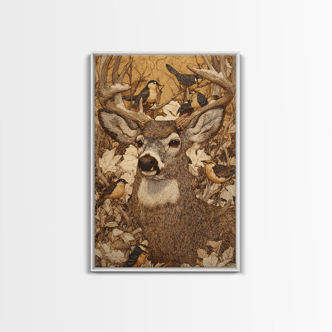Deer with Antlers Full of Birds Framed Canvas Print, Whimsical Art, Printable Wall Art, Living Room Decor, Oil Painting, Wonder, WHI-2x3-51