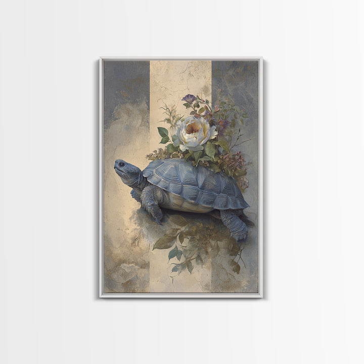 Turtle with Garden Growing on Shell Framed Canvas Print, Whimsical Art, Minimalist Decor, Living Room Decor, Oil Painting, WHI-2x3-6