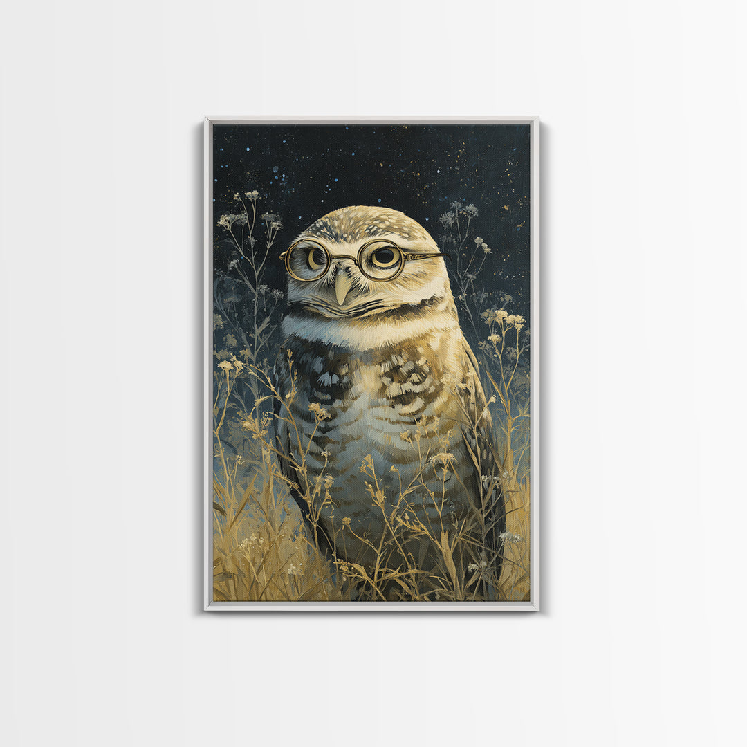 Owl Wearing Spectacles Among Stars Canvas Print, Whimsical Art, Art Nouveau, Living Room Decor, Abstract Art, Wonder, WHI-2x3-62
