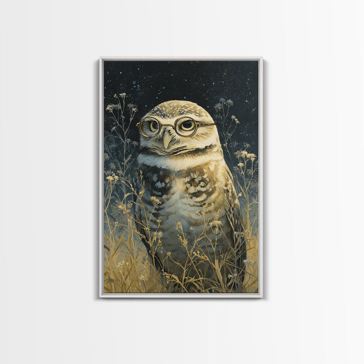 Owl Wearing Spectacles Among Stars Canvas Print, Whimsical Art, Art Nouveau, Living Room Decor, Abstract Art, Wonder, WHI-2x3-62