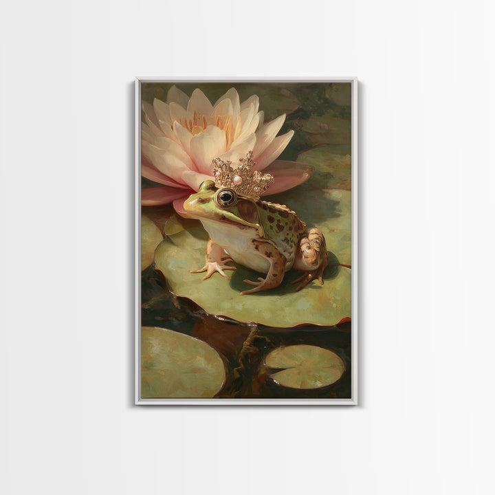 Frog Prince on a Lily Pad Framed Canvas Print, Whimsical Art, Digital Art, Living Room Decor, Fine Art, Wonder, Nursery, WHI-2x3-64