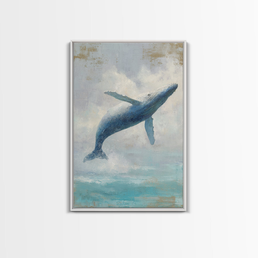 Whale Flying Through Clouds Like Ocean Framed Canvas Print, Whimsical Art, Living Room Decor, Fine Art, Wonder, Gallery Decor, WHI-2x3-69