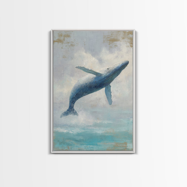 Whale Flying Through Clouds Like Ocean Framed Canvas Print, Whimsical Art, Living Room Decor, Fine Art, Wonder, Gallery Decor, WHI-2x3-69
