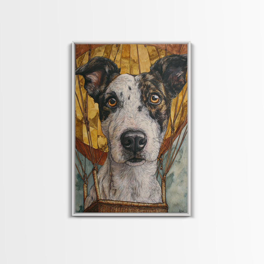 Dog in a Hot Air Balloon Canvas Print, Whimsical Art, Oil Painting, Living Room Decor, Fine Art, Wonder, Dark Academia Decor, WHI-2x3-70