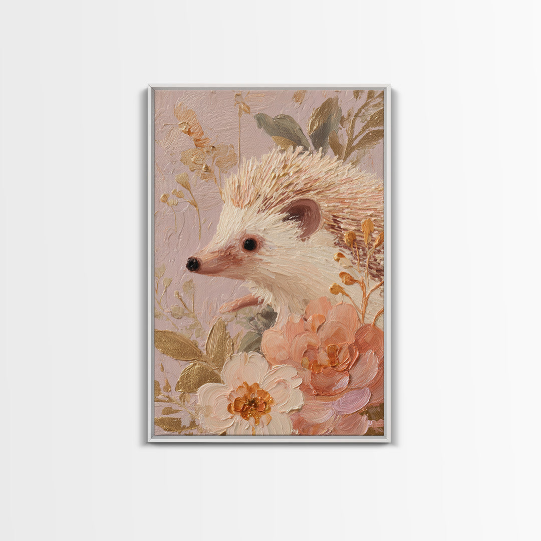 Hedgehog Carrying Wildflowers Canvas Print, Whimsical Art, Nursery, Living Room Decor, Oil Painting, Wonder, Watercolor Art, WHI-2x3-71