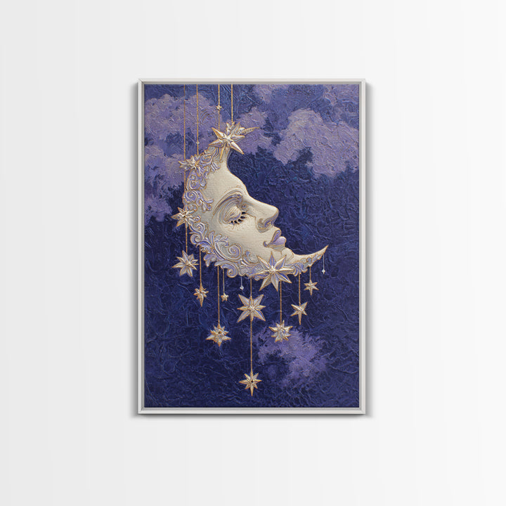 Moon with Sleeping Face and Dangling Stars Canvas Print, Whimsical Art, Printable Wall Art, Living Room Decor, Fine Art, Wonder, WHI-2x3-72