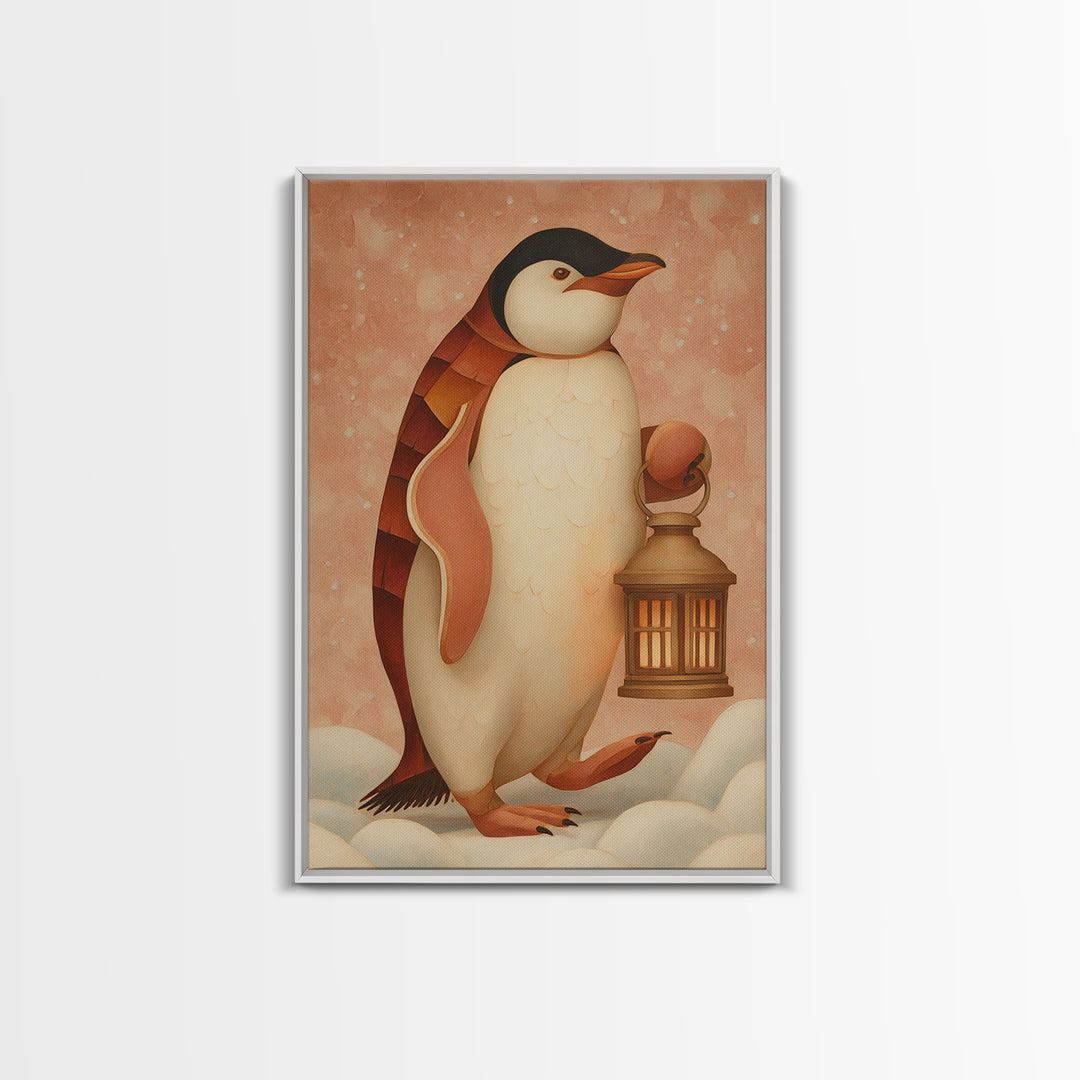 Penguin Holding a Lantern Framed Canvas Print, Whimsical Art, Abstract Wall Art, Living Room Decor, Fine Art, Wonder, WHI-2x3-73